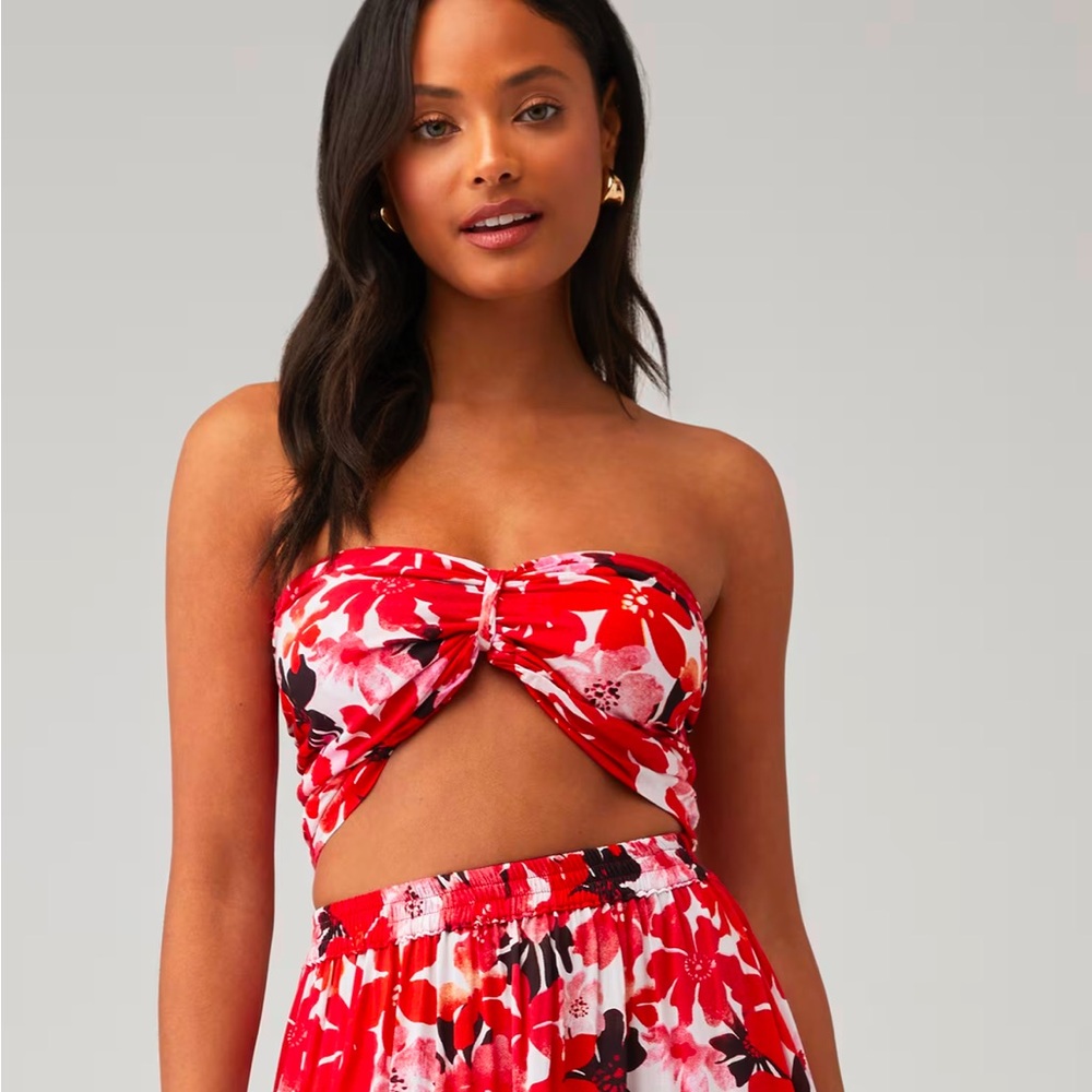 Tiare Hawaii Red Floral Bow Strapless Top Size XS/S
